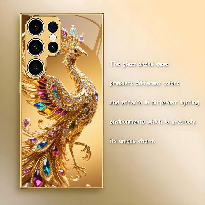 Colorful Diamond Golden Peacock Pattern Glass Phone Case for Samsung Galaxy S26 S25 S24 S23 S21 S20 Fe/plus/ultra Hard Case