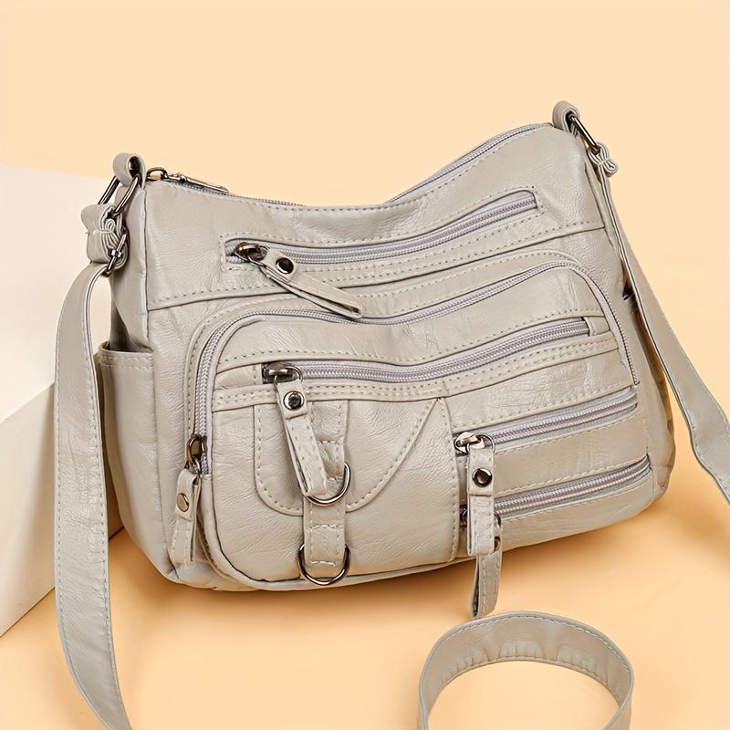 Elegante bolso bandolera retro de color sólido: Piel sintética suave, bolsillos con múltiples cremalleras para la mujer moderna