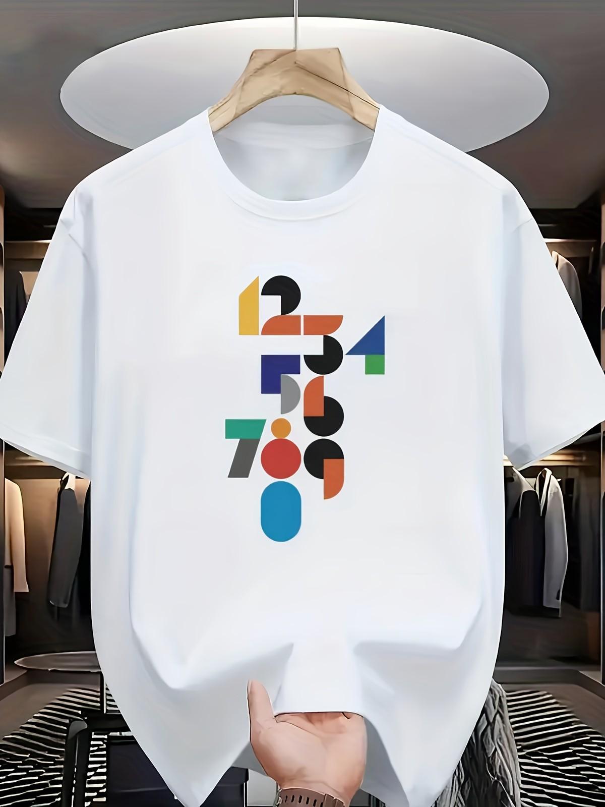 Crew Neck Short Sleeve T-Shirt | Colorful Geometric Number Pattern, Casual Style S