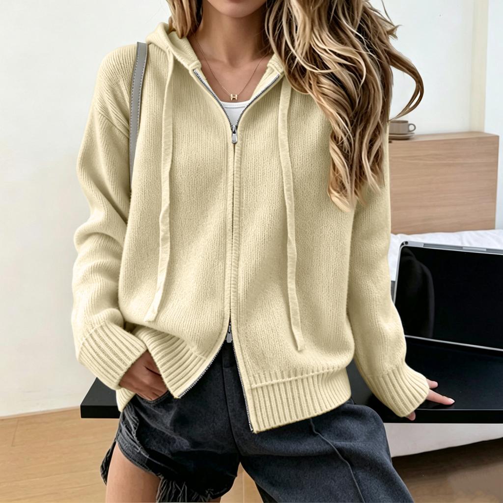 Women's Color Zip-Up Hooded Knit Cardigan Long Sleeve Sweater Jacket
