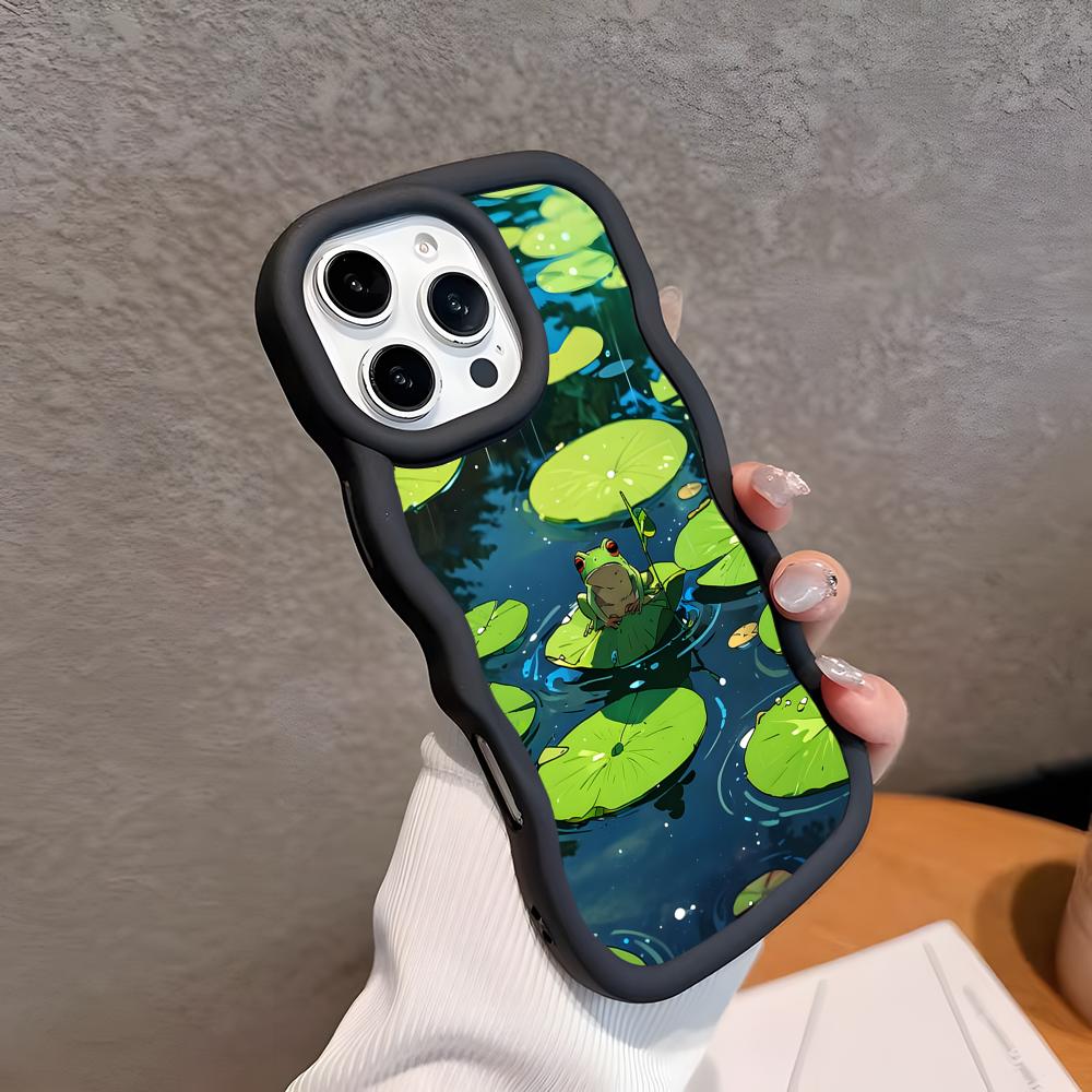 

Милый Чехол-Лягушка для Телефона iPhone 17 16 15 14 13 12 11 Air Pro Max Plus Черный Мягкий ТПУ Покрытие с Волнистым Краем iPhone 12 Pro
