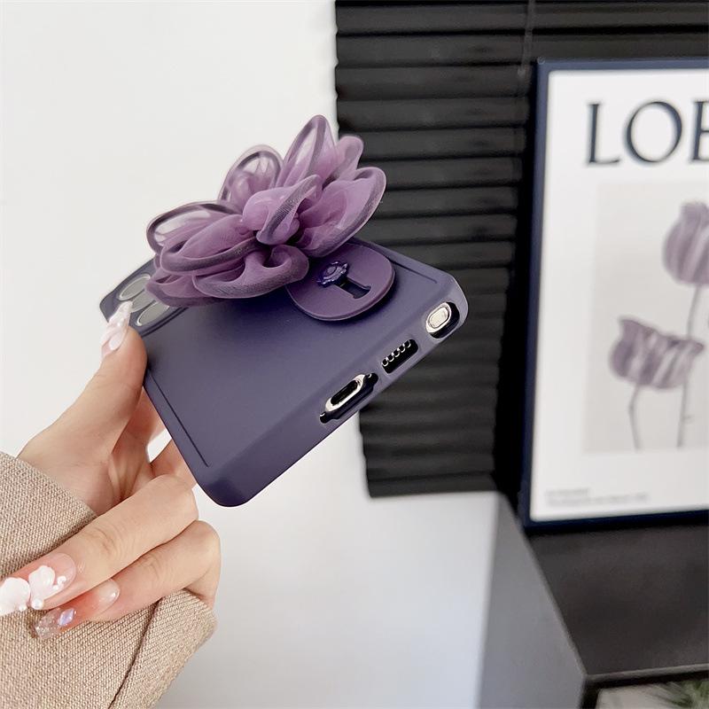 Luxury Dark Purple Ice Velvet Flower Case with Wrist Strap for Samsung S22FE & S23ULTRA
