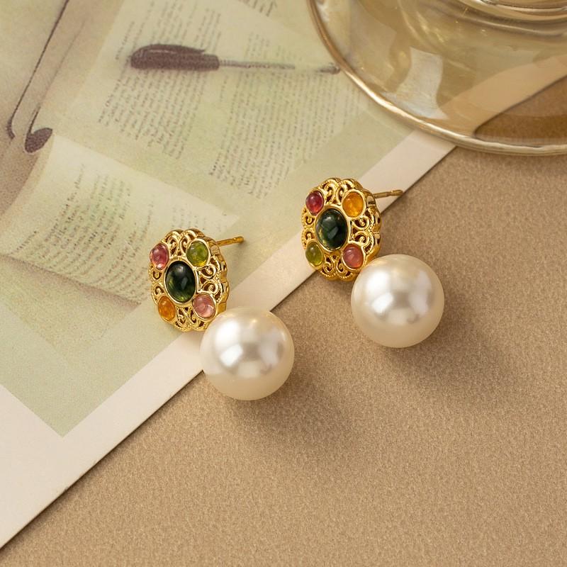 Bloemvormige Oorbellen Met Kleurrijke Agate Kralen Imitatie Parel Hangers Minimalistisch Elegante Sieraden Vrouwen