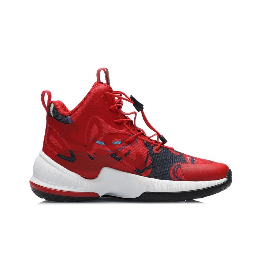 Li Ning High-Top Basketball Shoes With Shock Absorption And Resilience Kids Sneakers Red Black YKBR016-9
