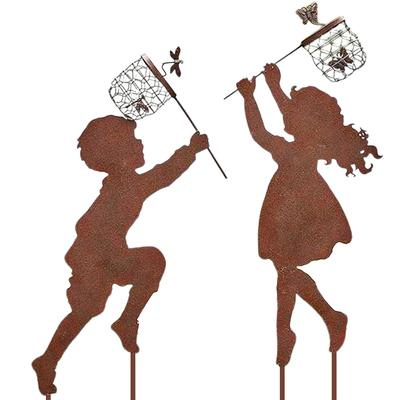 1 Pair Boy Girl Catching Butterfly Metal Decorative Garden Stakes Outdoor Garden Decor Boy Girl