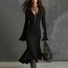 Women's 1/4 Zipper Bell Sleeve Sweater Long Fishtail Dress Knitted Tight Dress