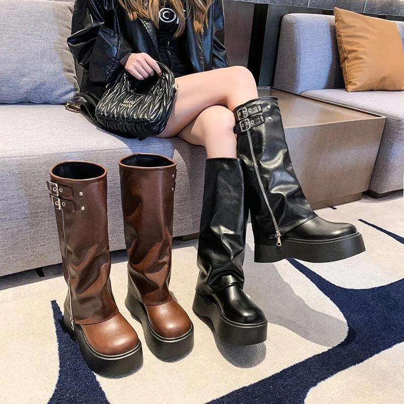 Soft Leather Ankle Mid Calf Boots Winter Autumn High Platform Wedge British Booties Woman New Ladies Chunky Motorcycle Boots 9CM