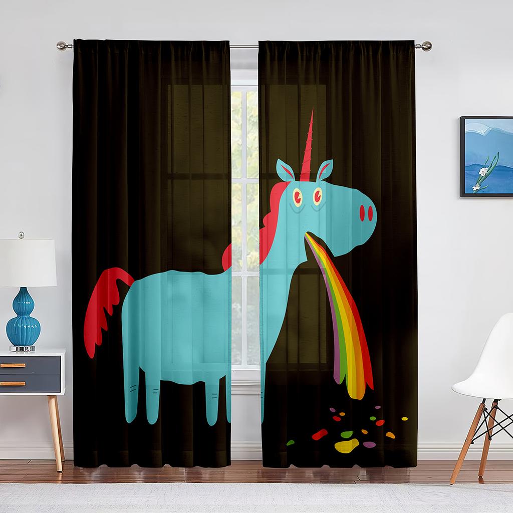 Colorful Unicorn Rainbow Print Pattern Sheer Voile Curtains for Bedroom Living Room Kitchen Decor Chiffon Tulle Windows Curtain