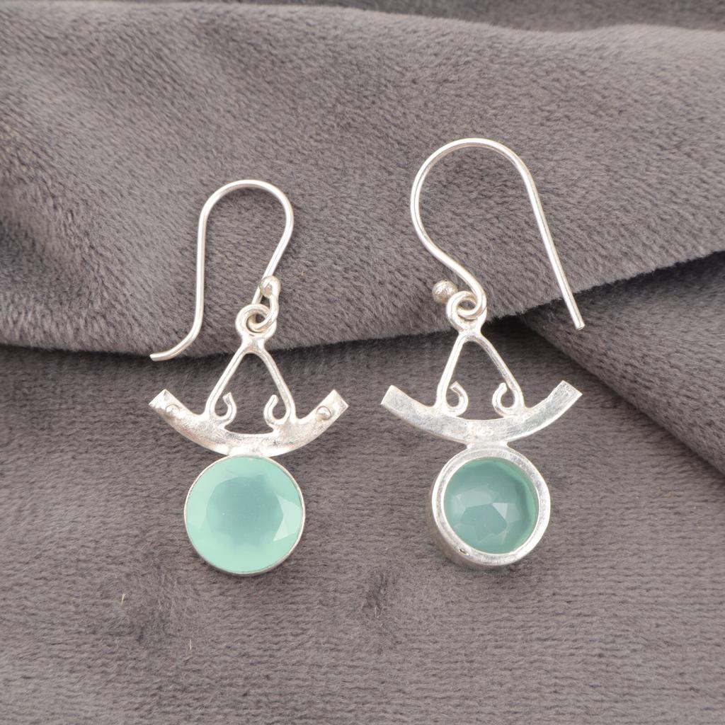 925 Sterling Silver Aqua Chalcedony Dangle Earrings Handmade Gemstone Jewelry EE-152-20