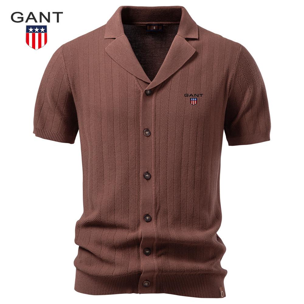 Gant 2026 Spring and Summer New Embroidery Men Lapel Knit Short Sleeve Shirt Vertical Striped Button‑Up Casual Business Daily Wear Knit Tops