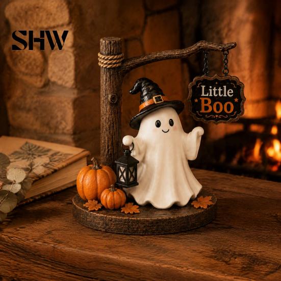 Unique Birthday Gifts for Friends Cute Ghost Figurine with Witch Hat, Resin Halloween Tabletop Decor, Little Office Desk Spooky Decor Boo Statue Fall