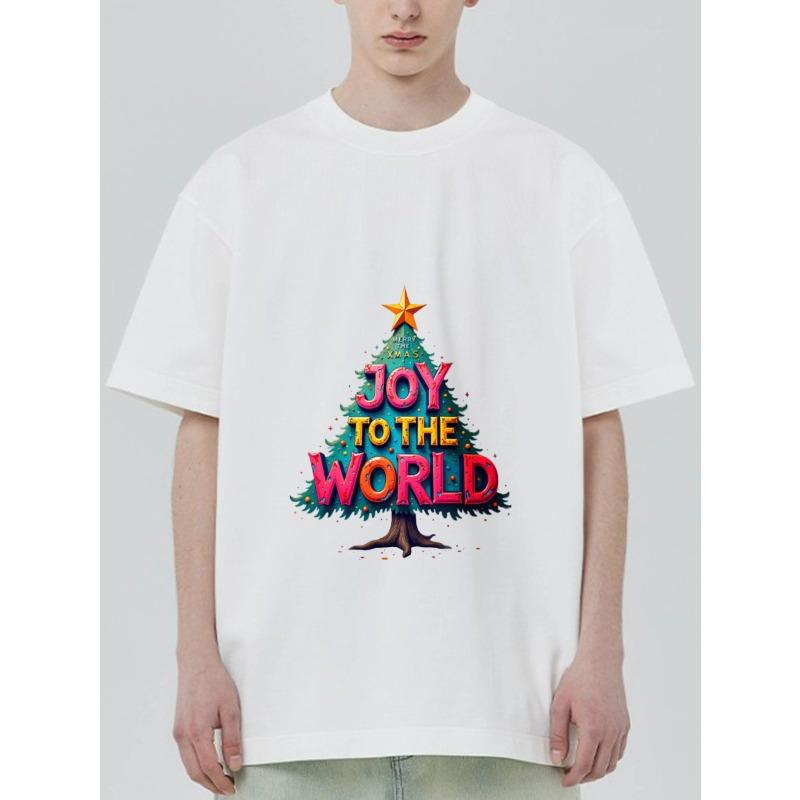 Christmas T-Shirt Black Joy To The World Christmas Tree Design Holiday Party Wear