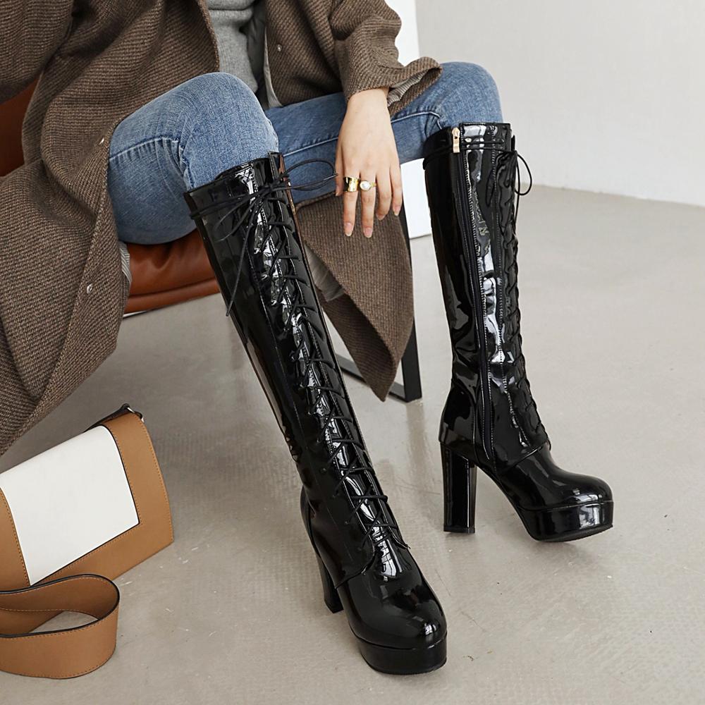 Fashion 2025 Patent Leather White Lacing Knee High Boots Lace Up Ladies Platform Boots High Heels Fashion Nightclub Patry Shoes Wholesal