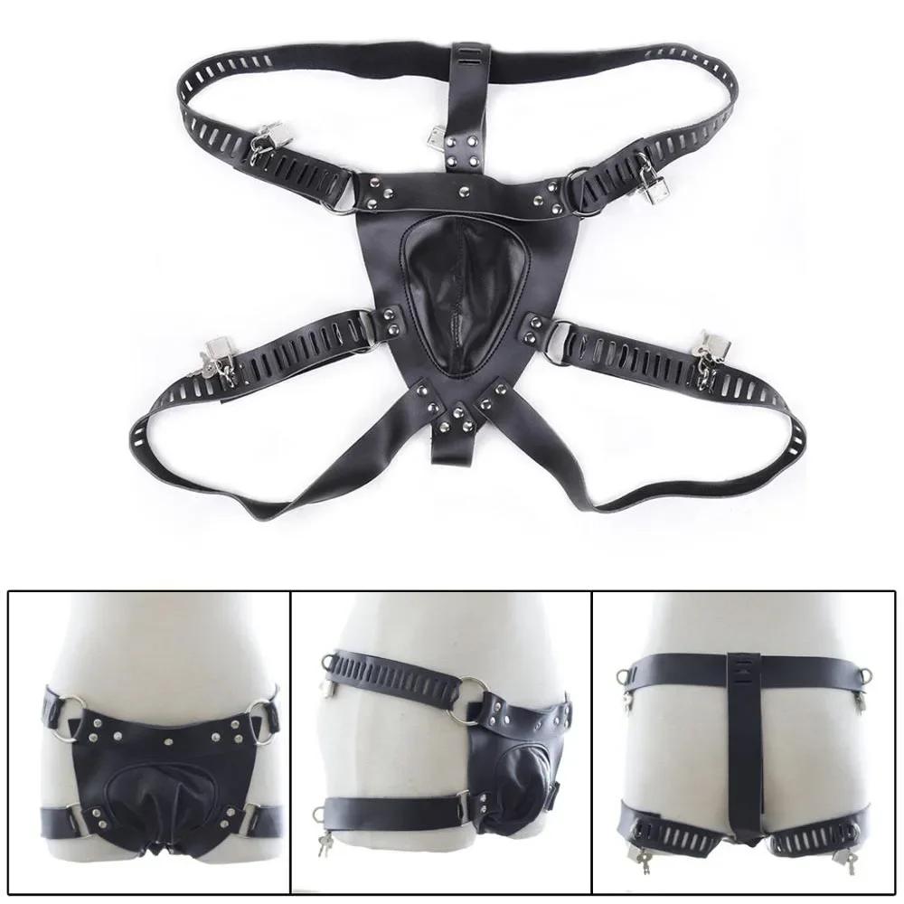 BDSM PU Leather Male Chastity Belt Device Pants Underwear Lock Penis Rings Bondage Erotic Sex Toys for Men Women 18+ Adult Games