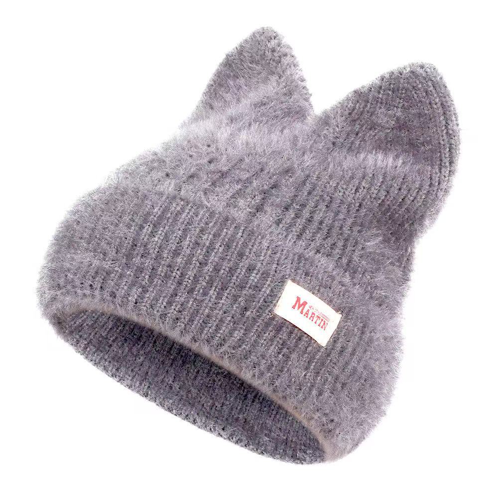 

Winter Warm Knitted Hat Warm Sweet Headdress Cat Ear Crochet Beanie Windproof Anti-cold Women Ear Protection Running Ski Cap серый