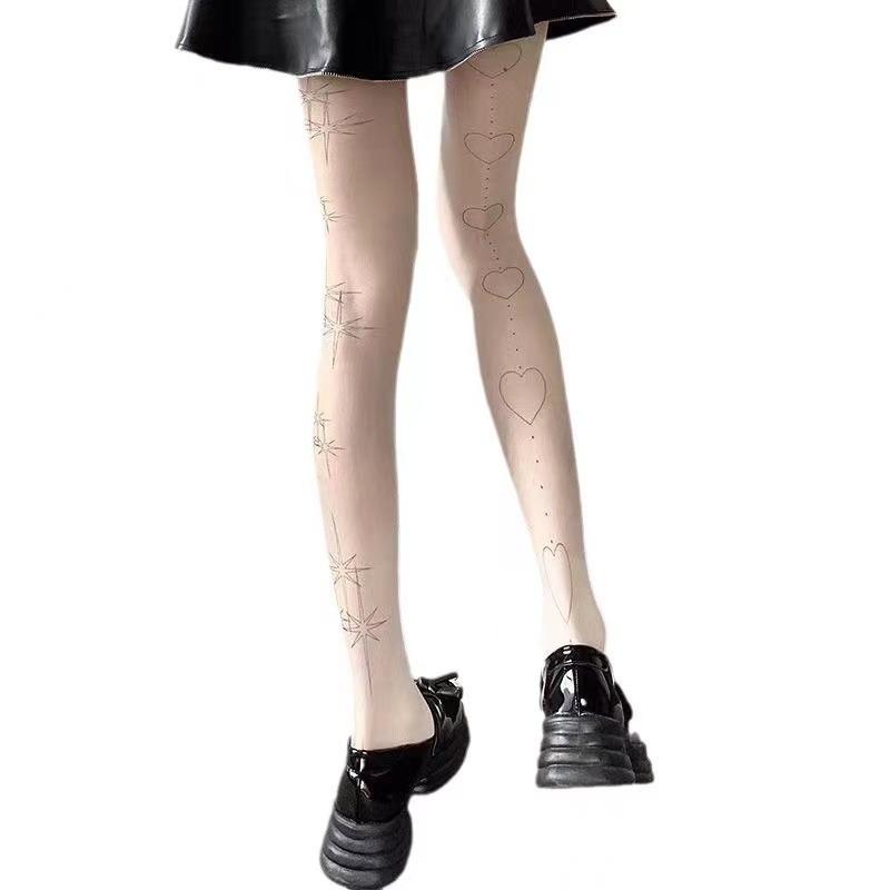 Stern Herz Lolita Socken Tattoo Druck Strumpfhose Netzstrümpfe Kätzchen Katze Japanische JK Strumpfhose Gothic Spitze Schwarze Strumpfhose