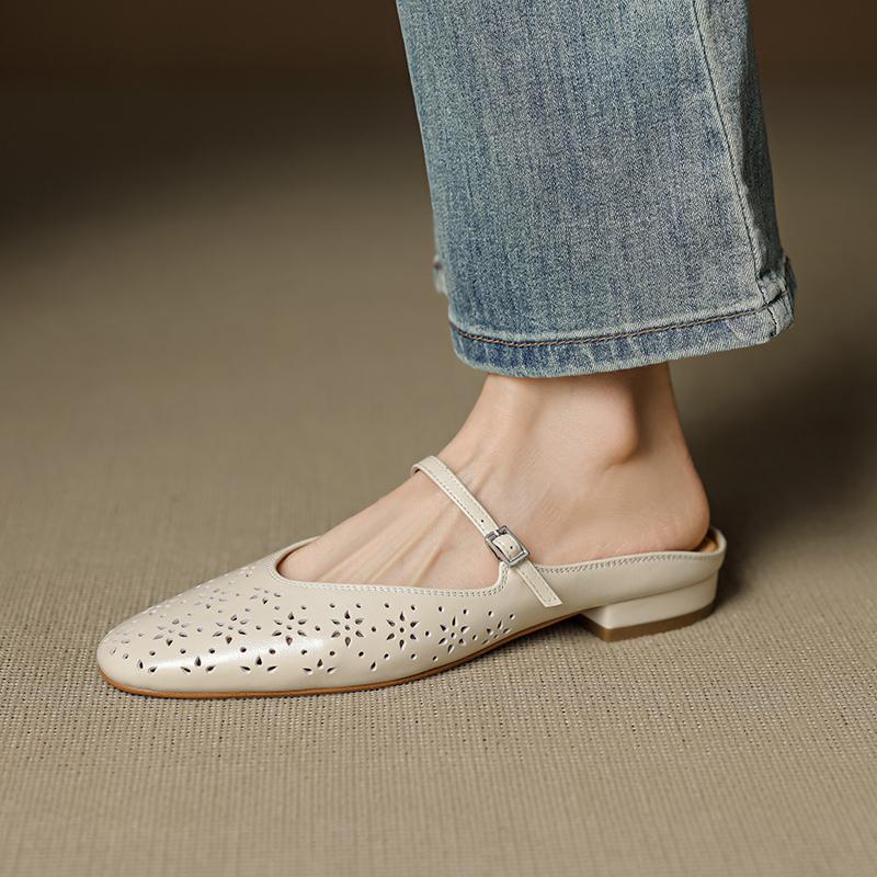 Fashion 2025 New Summer Women Mules Genuine Leather Shoes for Women Squared Toe Low Heel Shoes Cover Toe Slingback Slippers Modern