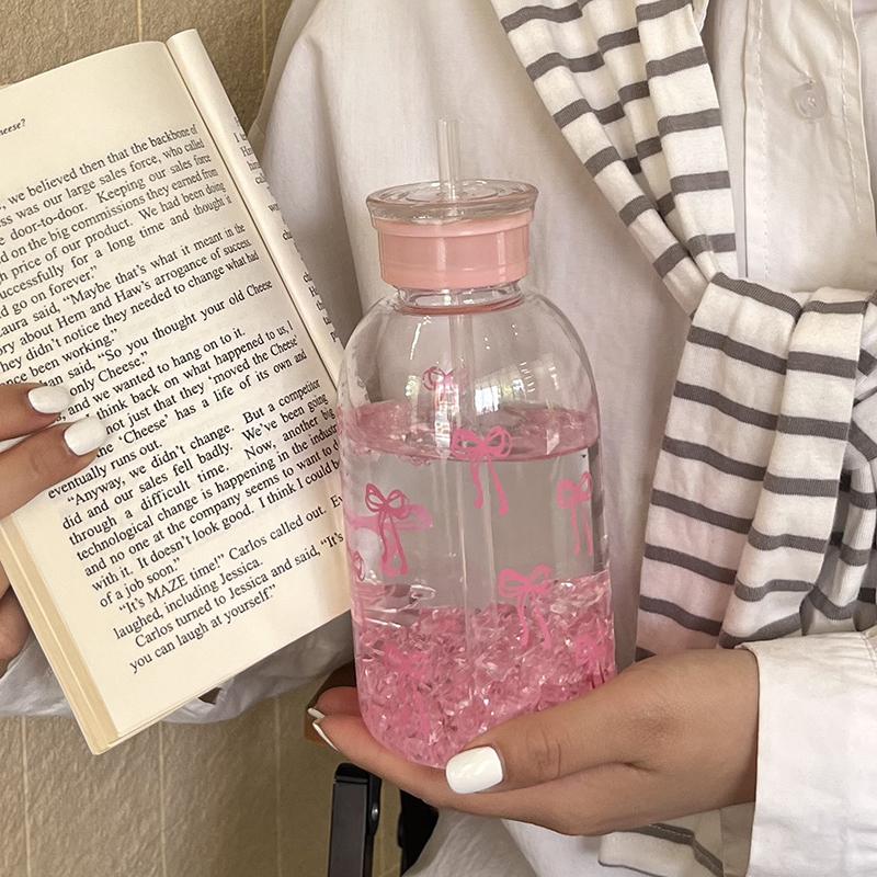 Kawaii Vattenflaska Estetisk Tumlare För Iskaffe Juice Te Söta Rosett Plastmuggar Med Sugrörslock Bärbar Drickflaska