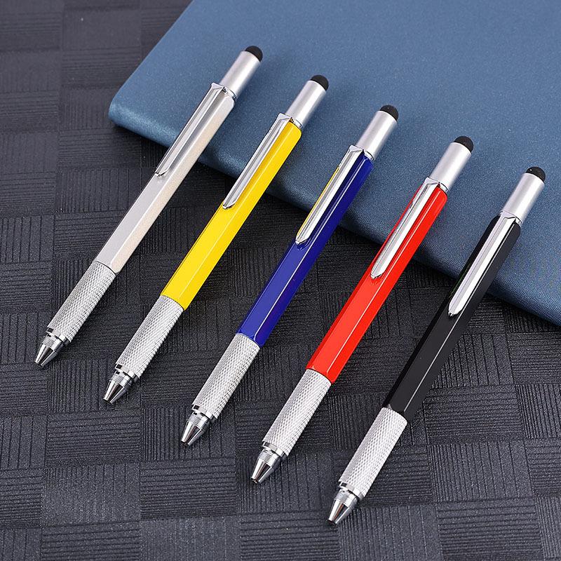 Six-in-One Multifunctional Metal Ballpoint Pen with Level, Scale, Screwdriver, and Capacitive Tip.