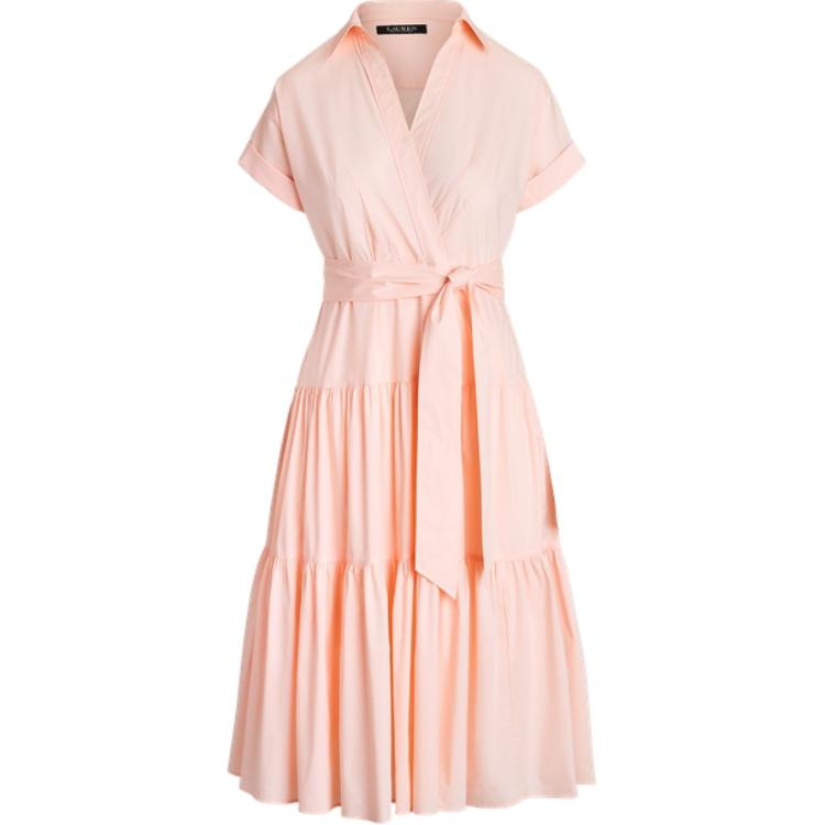 

Платье миди с V-образным вырезом и короткими рукавами Polo Ralph Lauren однотонное галстук женское платья опалово-розовое WMLDDRSSN820155-650 XS