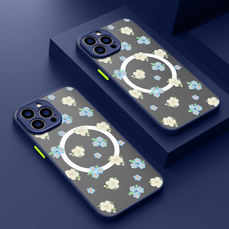 

Для iPhone 16 15 14 Pro Max Plus 13 12 Mini 11 Pro Max 8 7 для Magsafe Магнитный синий маленький цветок мягкие края акриловый жесткий прозрачный защитный чехол для линз iPhone 15 чёрный