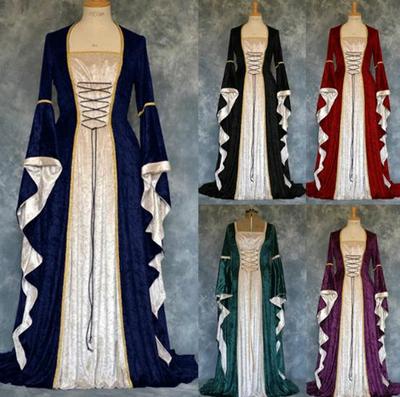 Vintage Gold Velvet Lace-Up Flared Sleeve Medieval Floor-Length Dress for Women
