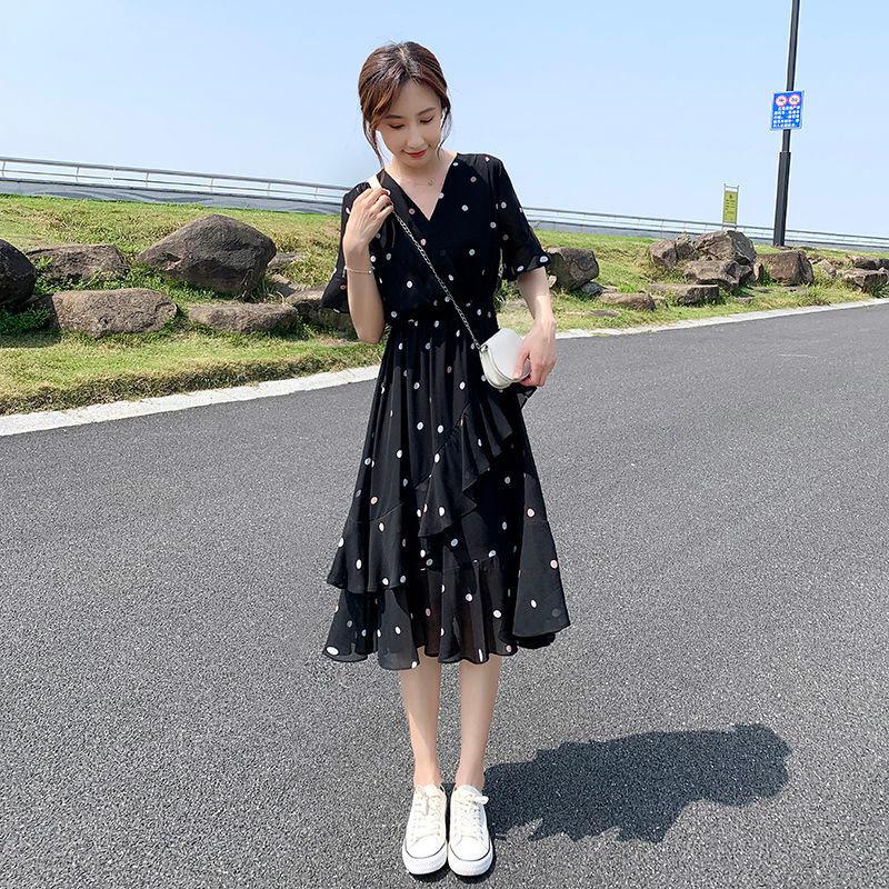 Vestido de Chifón de Verano para Mujer con Lunares y Corte Slim, Cintura Alta y Cuello en V para Efecto Adelgazante, Falda Floral en A