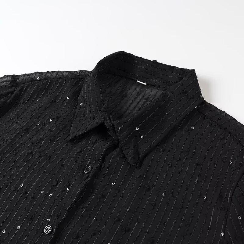 Spring 2025 Women's Fashion European & American Style Sequined Cutout Long-Sleeve Shirt