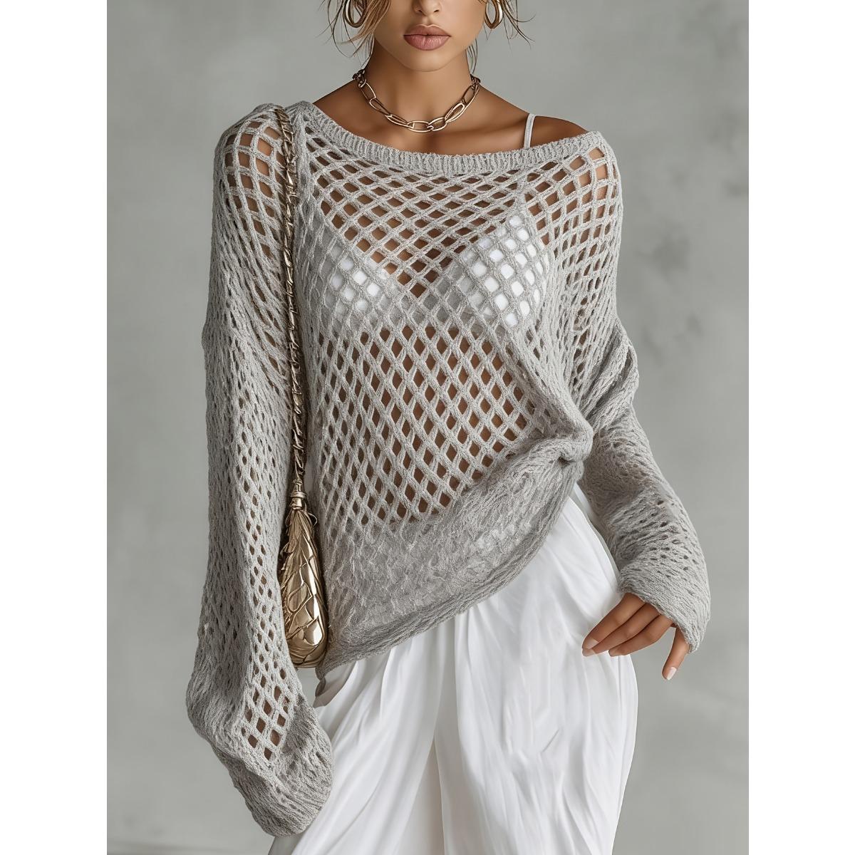 Весна Лето Новый Прозрачный Ажурный Длинный Рукав Вязаный Пляжный Кардиган Сексуальный Универсальный Пляжный Покрывало для Женщин Европа Америка S серый