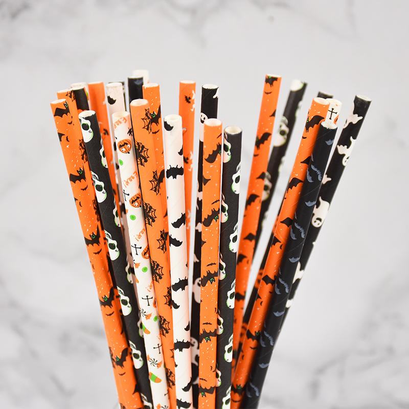 50/25Pcs Halloween Straws Pumpkin Bat Spider Ghost Disposable Drinking Paper Straws Halloween Party Home Bar Supplies