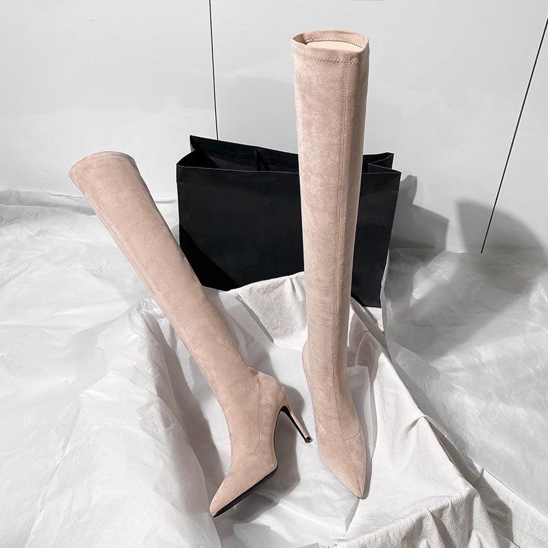 Black high-heeled knee boots women's new autumn and winter elastic suede pointed high boots
