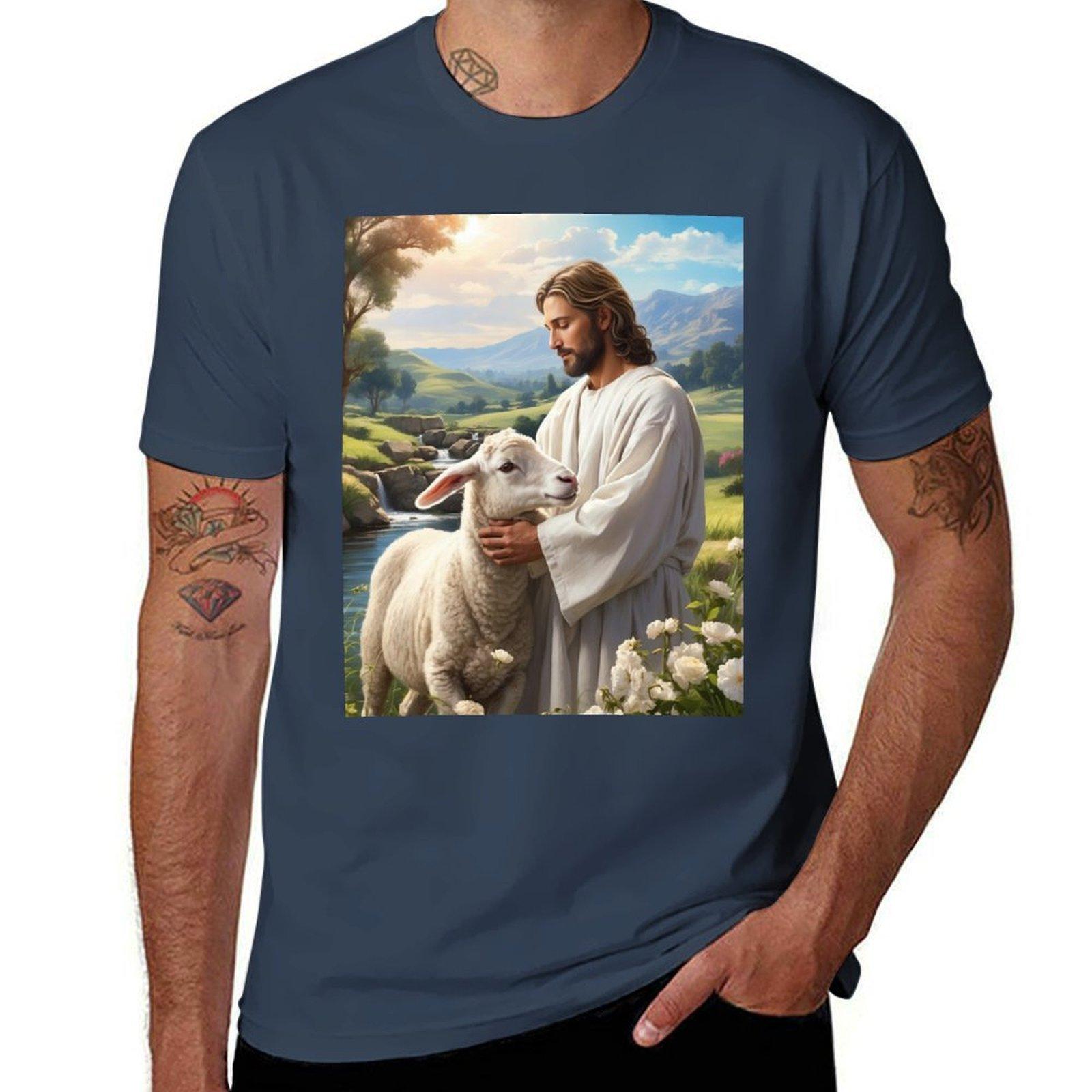 Christian Art A Timeless Canvas Wall Art of Jesus and Lamb TShirt Water Resistant Casual TShirt S
