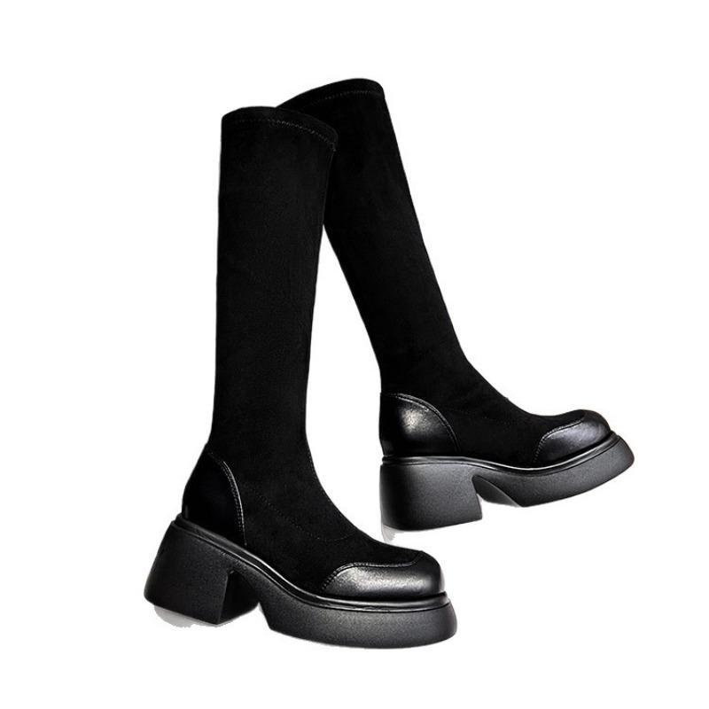 Spring and Autumn Over-knee Boots Women's Thick Heel Autumn and Winter Skinny Elastic Boots Thick-soled Small Flat-bottomed Long Boots Keep Warm