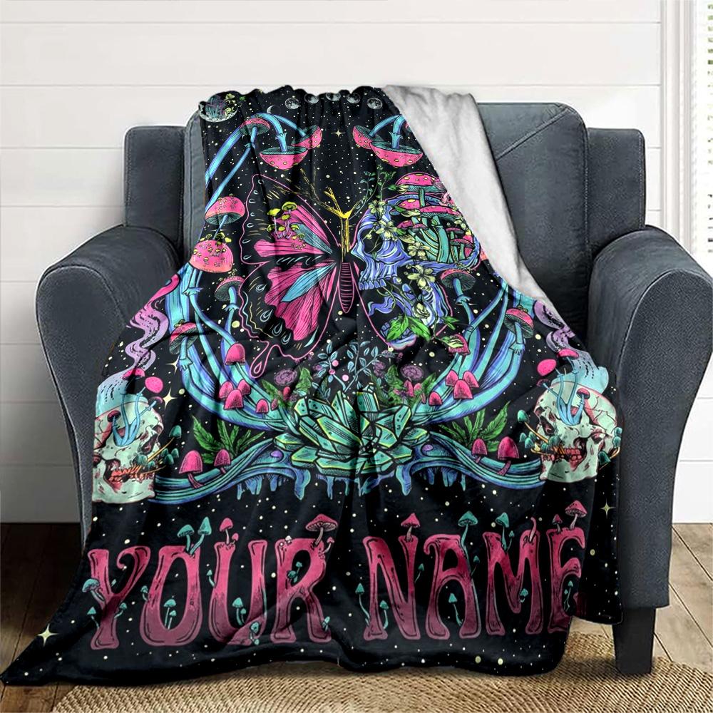 Name Custom Skull and Butterfly Print Flannel Blanket High Quality Warm Comfortable Cover for All Seasons Perfect for Gifts Home Decor