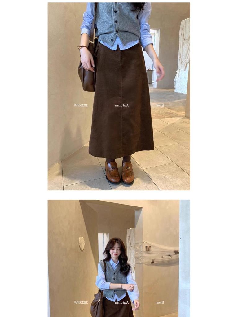 Women's Coffee-Colored Retro Corduroy Skirt - French Autumn/Winter 2025 Design