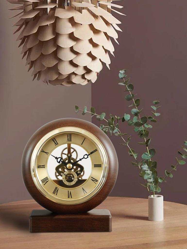 130MM Solid Wood Perspective Mantel Clock with Visible Internal Rotating Gears, Office Desk Clock