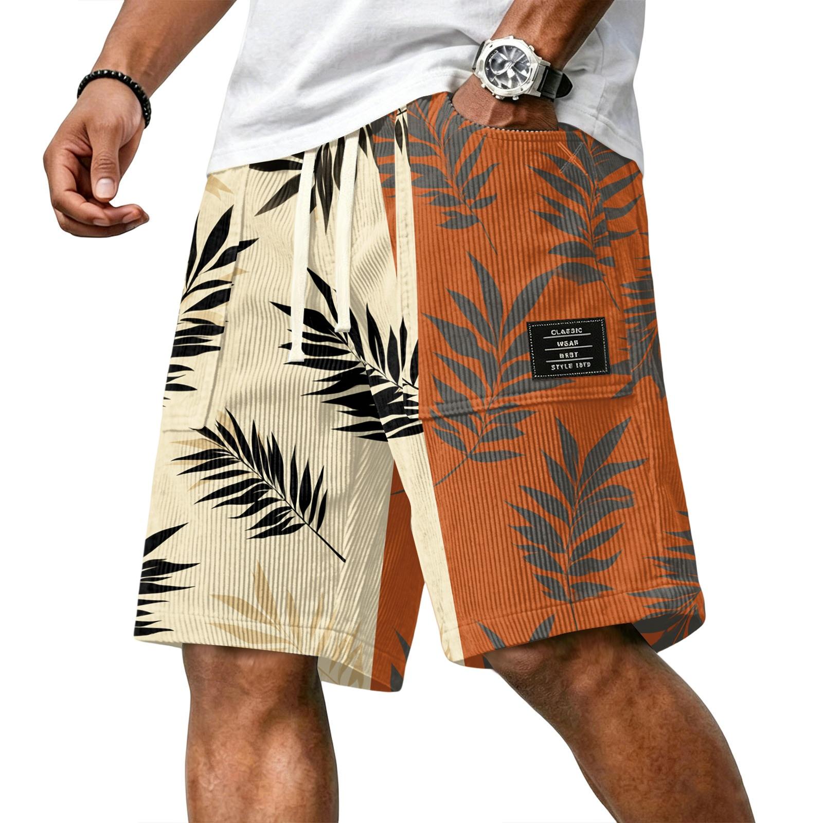 

Men s Casual Corduroy Drawstring Shorts Hawaiian Pattern Lightweight Comfortable Fit Relaxed Style Summer Wear XL шафрановий
