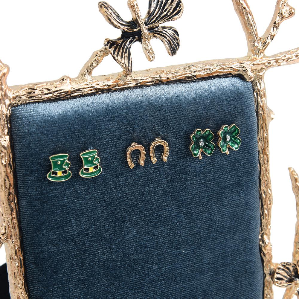 

Women s Festive Green Hat Stud Earrings, Gold Horseshoe Earrings, and Simple Four-Leaf Clover Earrings Set