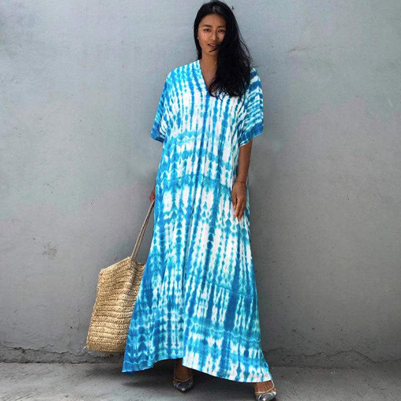 European & American Tie-dye Rayon Beach Dress: Loose, Long Seaside Vacation Robe & Bikini Cover-up with Sunscreen Shirt for Women