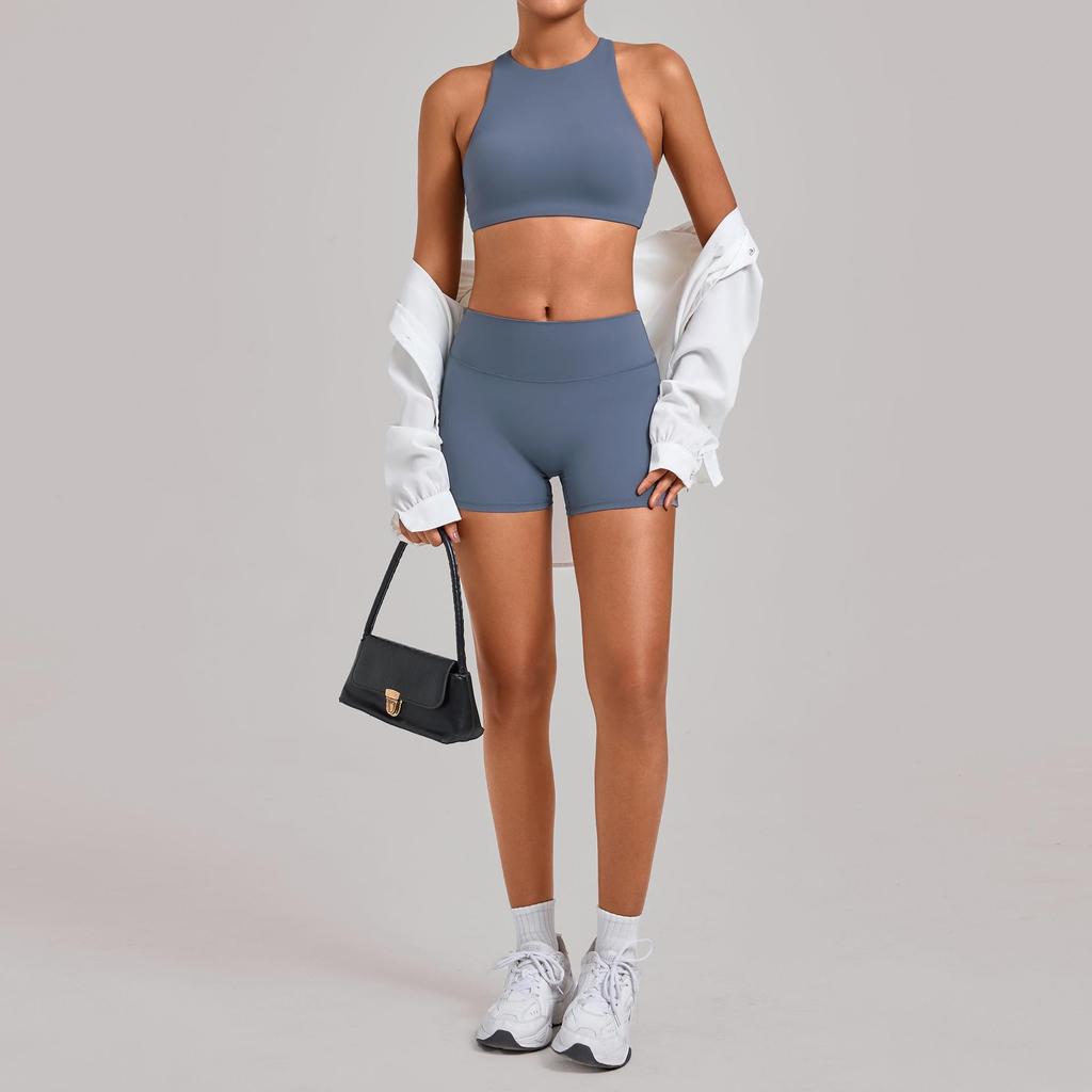 Women's Quick-Dry Cross-Back Yoga Set with Removable Pads and Sports Shorts