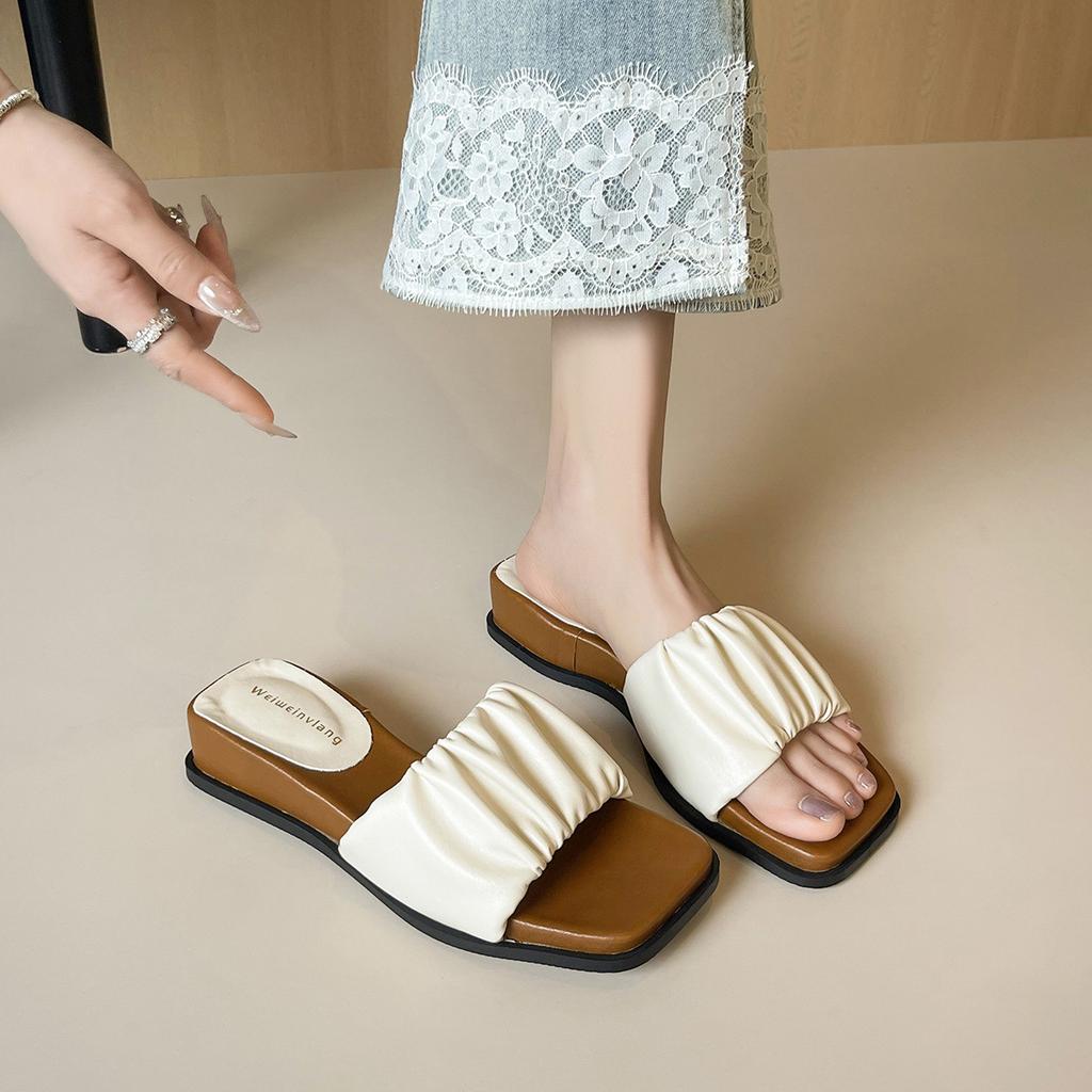 - Square Head Pleated Open-toed Slippers, Women's Summer Wear New Thick-soled Cool Slippers