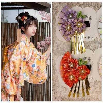 Sakura Japoński Kimono Nakrycie Głowy Kwiatowy Frędzle Wachlarz Spinka do Włosów Proste Dzieci