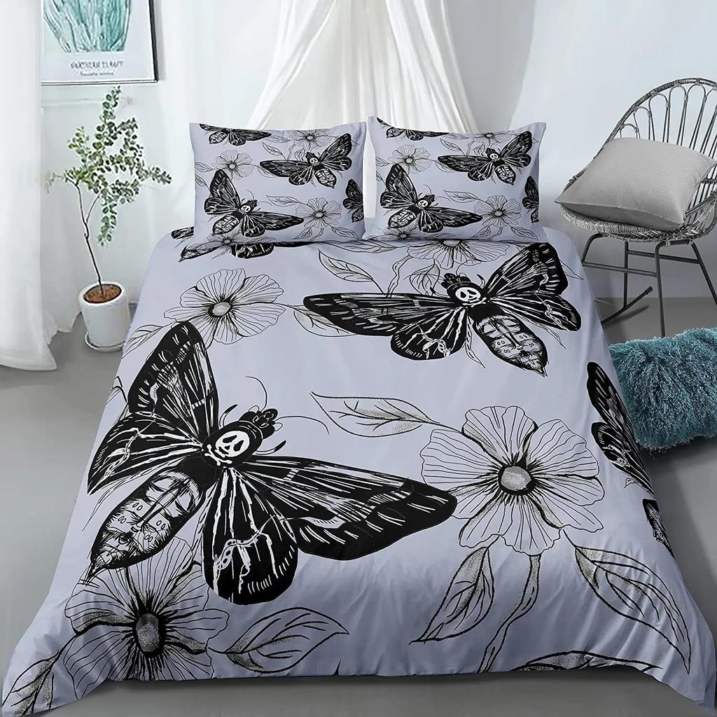 Death Moth Duvet Cover Set King Queen Full Twin Size Galaxy Sun and Moon Polyester Comforter Cover Boho Gothic Skull Bedding Set