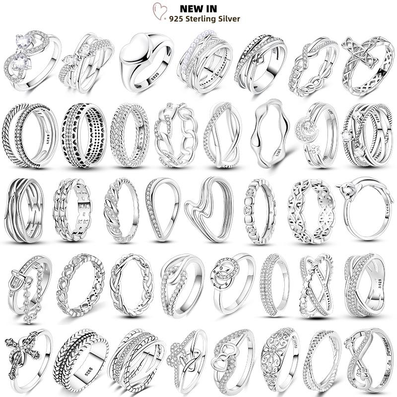 Women's Silver Finger Rings Original 925 Sterling Heart Star Moon Geometric Inlay Zircon Stackable Cocktail Ring Wedding Jewelry