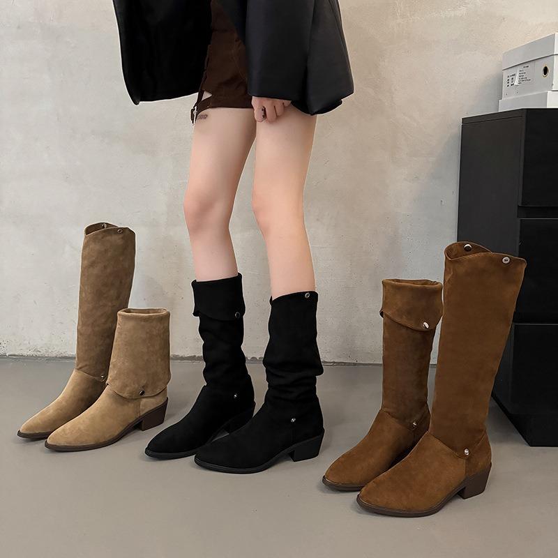 Pile Boots Women's Pointed Head Tall Tube Medium Tube Knight Boots New Early Autumn Winter Brown Western Cowboy Long Boots