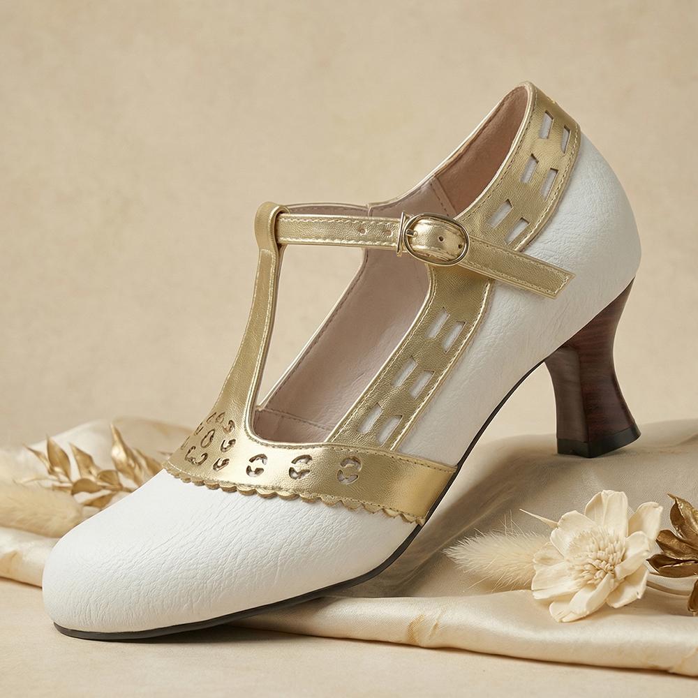 Women T-Strap Pumps  Kitten High Heels Cutout PU Shoes Small Oversize Plu Size 32 50