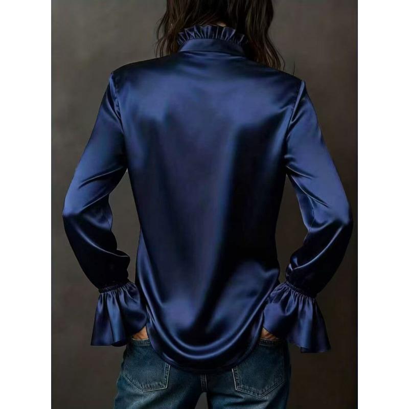 Jarní a podzimní nová francouzská saténová košile s volánky a dlouhým rukávem Dámský top
