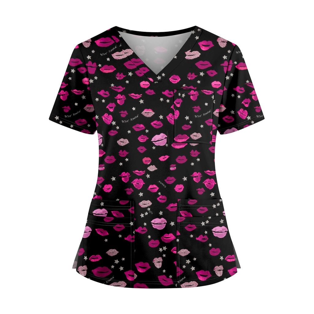 Velká velikost Potištěná srubová pracovní uniforma pro ženy s překříženým výstřihem do V Halloween potisk Zábavná trička s krátkým rukávem Pracovní oblečení Tričko s kapsami