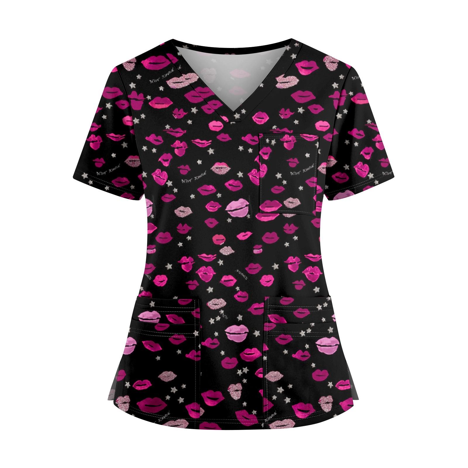 

Плюс размерСкраб с принтом Рабочая форма Топы для женщин Крест V-образным вырезом Хэллоуин Принт с короткими рукавами Забавные футболки Спецодежда Футболка с карманами XL винный