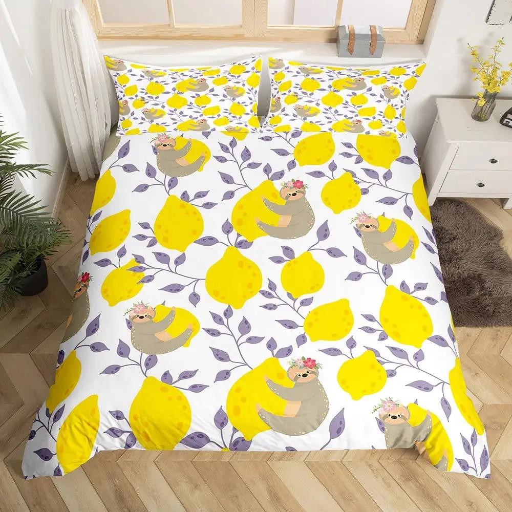 Lemon Duvet Cover Set,Bedding Set 3pcs for Teens Room,Botanical Natural Bright Yellow and Black Quilt Cover with 2 Pillowcases